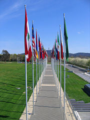 Many flags are displayed in the Parliamentary Triangle, Canberra, Australia.