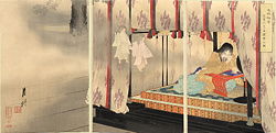 Gekko Ogata(尾形月耕), Emperor Go-Ddaigo(後醍醐帝/笠置山皇居霊夢之図), 1890. Triptych, 28.25" by 13.75." The print depicts Emperor Go-Diago, dreaming of ghosts at his palace in Kasagiyama