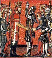 Roland pledges his fealty to Charlemagne in an illlustration taken from a manuscript of a [chanson de geste.