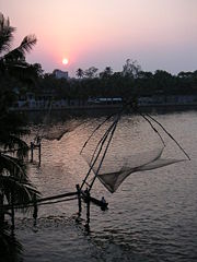 A cheena vala (fishing net) in the Backwaters region of Kollam.