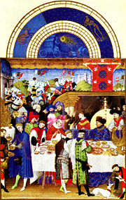 A illuminated page from the Très Riches Heures showing the day for exchanging gifts from the month of January