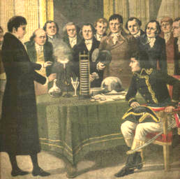 Italian physicist Alessandro Volta showing his "battery" to French emperor Napoleon Bonaparte in the early nineteenth century.