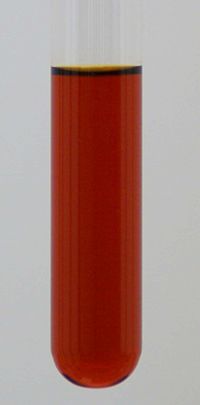 Lycopene, here dissolved in dichloromethane, is an intense bright red pigment.