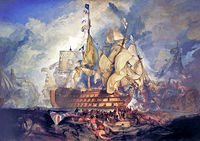 The Battle of Trafalgar by J. M. W. Turner (oil on canvas, 1822–1824) shows the last three letters of the famous signal, "England expects that every man will do his duty" flying from HMS Victory