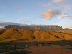 Monte Roraima, a tepui in Canaima National Park in southeastern Venezuela. The park lies atop the Guiana Shield; its Precambrian geological formations rank among the world's oldest.