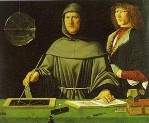 Luca Pacioli is depicted demonstrating a theorem by Euclid. The table is filled with geometrical tools: Slate, chalk, compass, a dodecahedron model. A rhombicuboctahedron half-filled with water is suspended from the ceiling. This painting is attributed to Jacopo de' Barbari, 1495.
