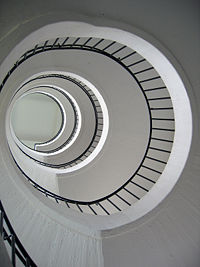 Clean white lines of the museum's winding staircase