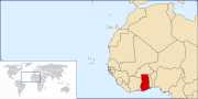 Location of Ghana in West Africa. The Fante Confederacy was on the coast. The rival Asante Union was inland. Both were eventually incorporated within the British Colony of the Gold Coast.
