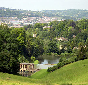 View from Prior Park, Bath over gardens and the Palladian Bridge towards the city of Bath.