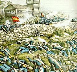 Detail from Charge of the 24th and 25th Colored Infantry and Rescue of Rough Riders at San Juan Hill, July 2 1898 depicting the Battle of San Juan Hill.