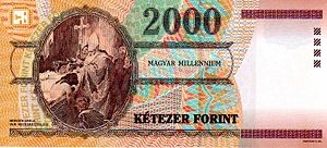 Gyula Benczúr's painting of Saint Stephen's baptism on the banknote commemorating the 1000th year of Hungarian statehood (2000).