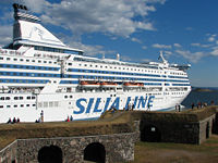 M/S Silja Symphony on Kustaanmiekka strait. Cruises are a popular tourist attraction throughout Finland. Pictured from the Suomenlinna Sea Fortress.