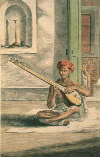 An etching of an Indian man playing a sitar, 18th century