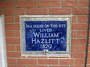 Plaque in Bouverie Street, London, marking the site of William Hazlitt's house.