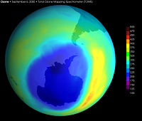 Image of the largest Antarctic ozone hole observed, recorded in September 2000. Data taken by the Total Ozone Mapping Spectrometer (TOMS) instrument aboard NASA's Earth Probe satellite.