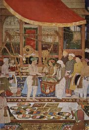 Emperor Jahangir weighing his son, 'Prince Khurram' in gold in 1607, Tuzk-e-Jahangiri (Jahangirnama).