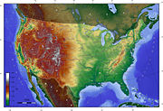 A topographical map of the contiguous United States with hypsometric tints