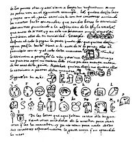 Early Maya script interpreted into Spanish,from Diego de Landa's 16thC. manuscript, Relación de las Cosas de Yucatán