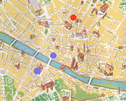 Central Florence. Francesco and Lisa lived on Via della Stufa (red), about 1 kilometer (0.6 mi) north of the Arno River. Lisa's parents lived closer to the river, at first north and later south (purple).