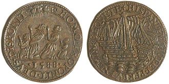 Jeton, Dordrecht 1588, the invincible Armada destroyed, diam 30 mm