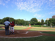 A local league baseball game at Reverchon Park