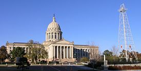An oil derrick decorates the front lawn of the Oklahoma Capitol Building in Oklahoma City.