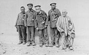 Five handicapped Jewish prisoners, who arrived in Buchenwald after Kristallnacht. Photographed by the U.S. government for propaganda purposes.