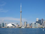 Toronto, Ontario skyline with the CN tower. Toronto is Canada's most populous metropolitan area with 5,113,149 people.