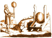 German physicist Otto von Guericke beside his electrical generator while conducting an experiment.