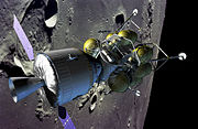 The proposed Crew Exploration Vehicle approaching the Moon.