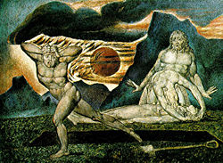 William Blake's Cain, with Adam and Eve mourning over the body of Abel. Rabbinical tradition holds that Cain defended himself before God by arguing that the yetzer harah was God's creation.