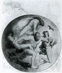 Ymir is killed by the sons of Borr in this artwork by Lorenz Frølich