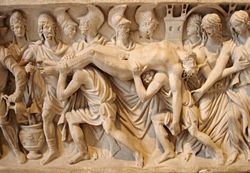 Scene from Book XXIV of the Iliad: Hector's corpse brought back to Troy (detail). Roman artwork (ca. 180–200 C.E.), relief from a sarcophagus, marble