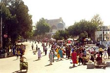Downtown Samarkand with Bibi Khanym mosque in the background.