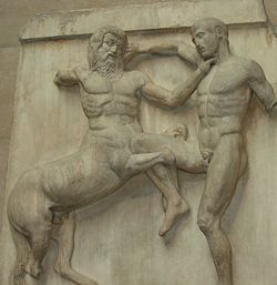 Metope from the Elgin marbles depicting a Centaur and a Lapith fighting.
