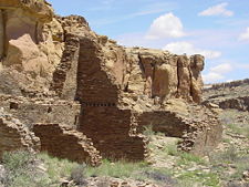 The ruins of Hungo Pavi, located near the center of Chaco Canyon. A staircase leads out of the complex.