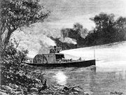Drawing of a paddle steamer traveling the Murray at night, c. 1880.