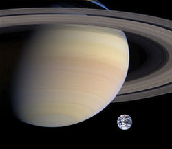 Visual comparison of Saturn and Earth.