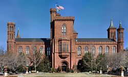 The Smithsonian Institution Building or "Castle" on the National Mall serves as the Institution's headquarters.