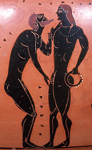 Traditional pederastic courtship scene on an Athenian black-figure amphora from the 5th century B.C.E.