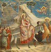 Mary and Jesus riding a donkey, painting by Giotto