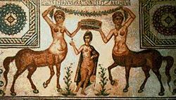 Two female centaurs crowning Aphrodite, a mosaic