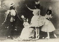 Mikhail Mordkin as Prince Siegfried and Adelaide Giuri as Odette with students as the little swans in the Moscow Imperial Bolshoi Theatre's production of the Petipa/Ivanov/Tchaikovsky's Swan Lake. 1901