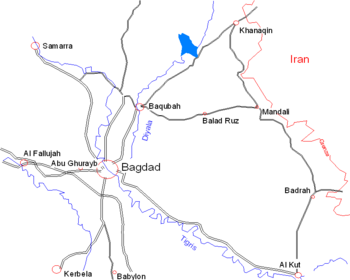 Map shows the location of Samarra northwest of Baghdad on the banks of the Tigris River.