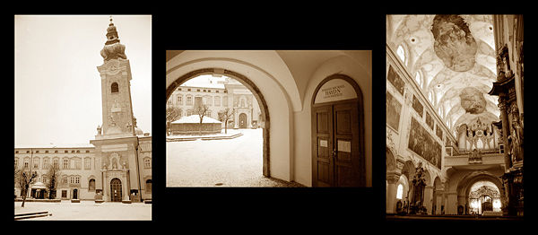 St. Peter's Church in Salzburg and the entrance to the Michael Haydn Library.