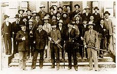 Texas Rangers gathered at El Paso to stop the illegal Maher-Fitzsimmons fight, 1896. At the front row from the left are Adj. General. W. Mabry, and Capts. J. Hughes, J. Brooks, Bill McDonald (author of the famous phrase) and J. Rogers.