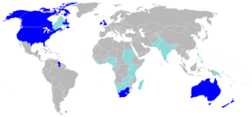 Places in the world where English is spoken. Countries are dark blue where English is an official language, de facto official language, or national language. Countries are light blue where it is an official, non-primary language or non-official primary language.