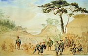 Bakumatsu troops near Mount Fuji in 1867. The painting by French officer Jules Brunet show an eclectic combination of Western and Japanese equipment.