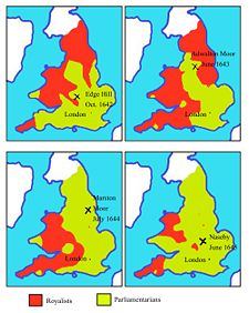 Maps of territory held by Royalists (red) and Parliamentarians (green), 1642-1645.