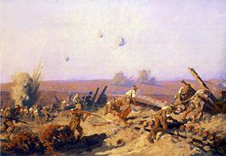 The Taking of Lone Pine by Fred Leist (1878–1945) depicts the attack by the Australian First Brigade on covered Turkish trenches on August 6, 1915, during the Battle of Gallipoli.
